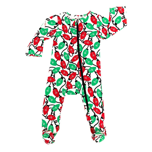 Christmas-themed onesie with red and green lights on a white background