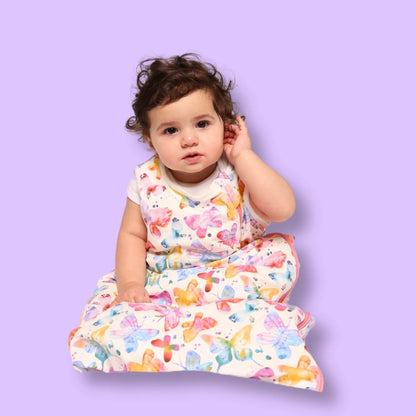 A baby sleep sack with a butterfly pattern, predominantly in pastel colors.