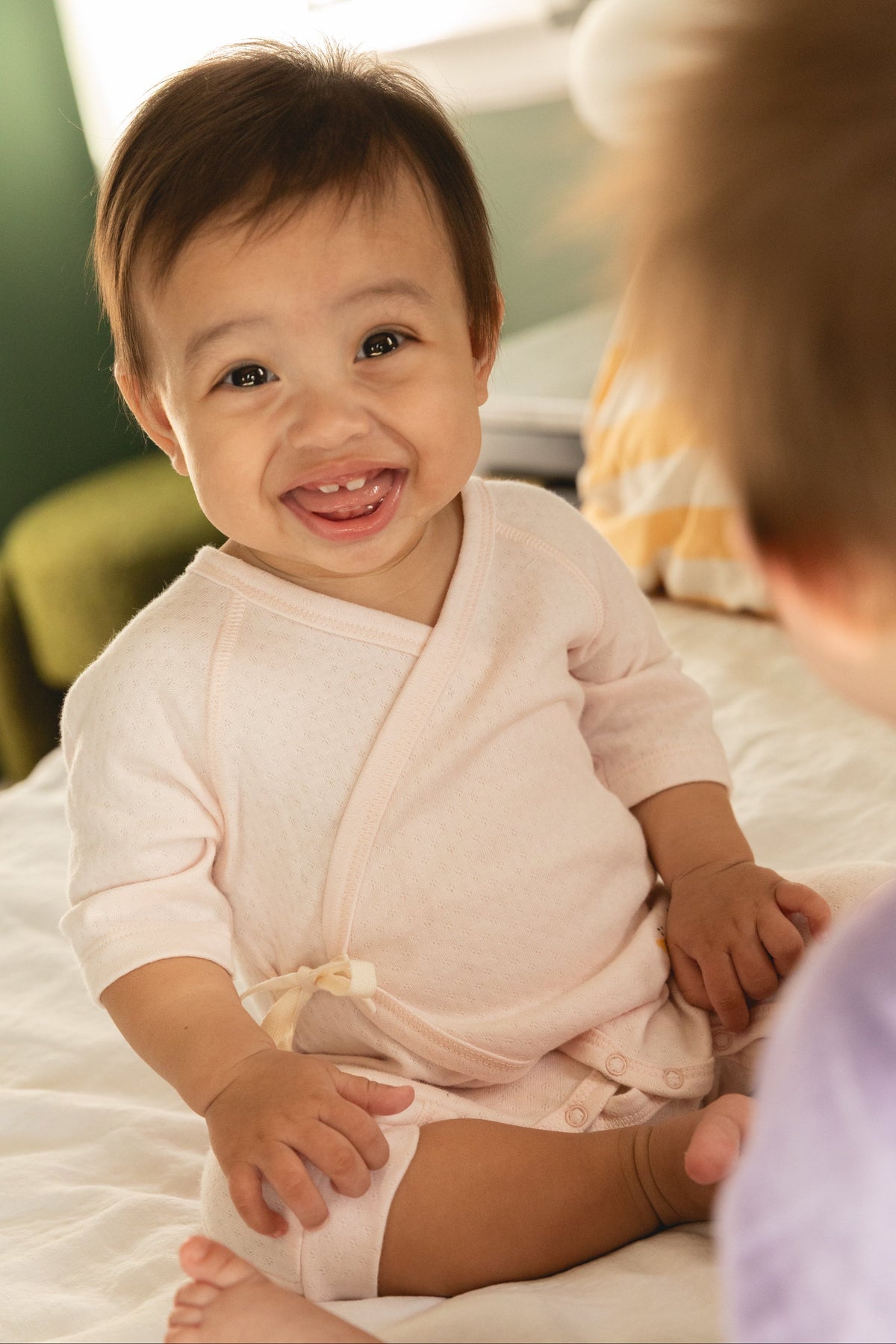 Organic Cotton Pointelle Kimono Onesie - Soft Pink