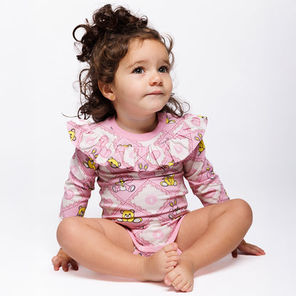 Småfolk Organic Long Sleeved Ruffle Baby Bodysuit- Teddy Bears, Lace Pink