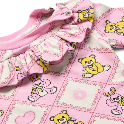 Småfolk Organic Long Sleeved Ruffle Baby Bodysuit- Teddy Bears, Lace Pink