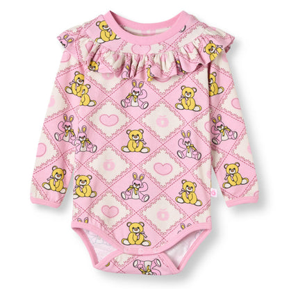 Småfolk Organic Long Sleeved Ruffle Baby Bodysuit- Teddy Bears, Lace Pink