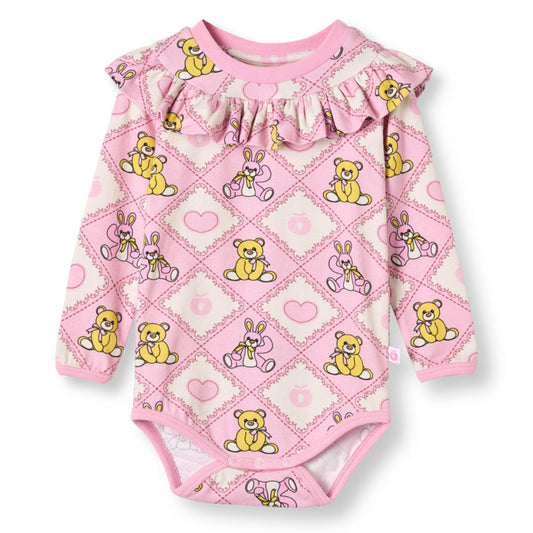 Småfolk Organic Long Sleeved Ruffle Baby Bodysuit- Teddy Bears, Lace Pink