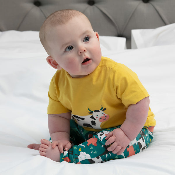 Baby wearing Piccalilly organic Short sleeve top- cow appliqué