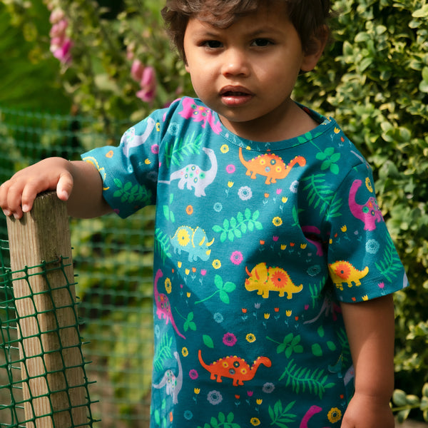 Boy wearing Piccalilly organic All over print t-shirt- dinosaur