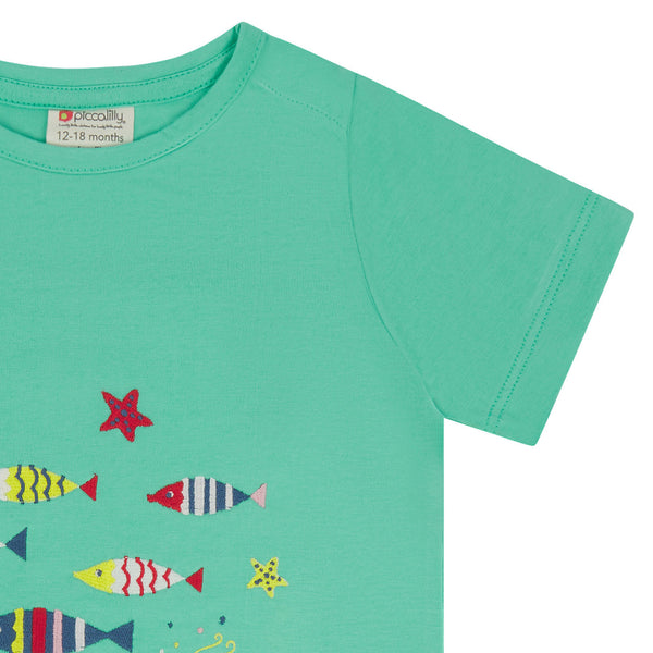 Piccalilly organic Short sleeve top- fish, closeup