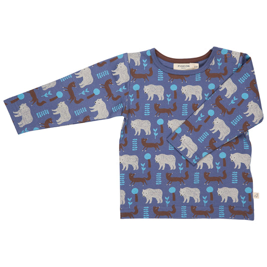 Pigeon Organics Boys' Long Sleeved T-Shirt- Bear & Fox, Blue