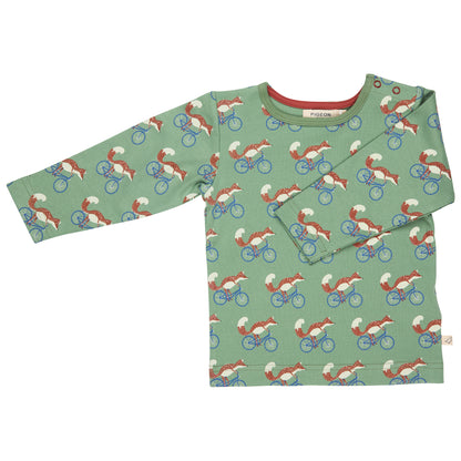 Pigeon Organics Boys' Long Sleeved T-Shirt- Cycling Fox, Green
