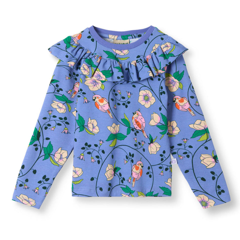 Småfolk Organic Long Sleeved Ruffle Girls' T-shirt- Robins, Purple Delight