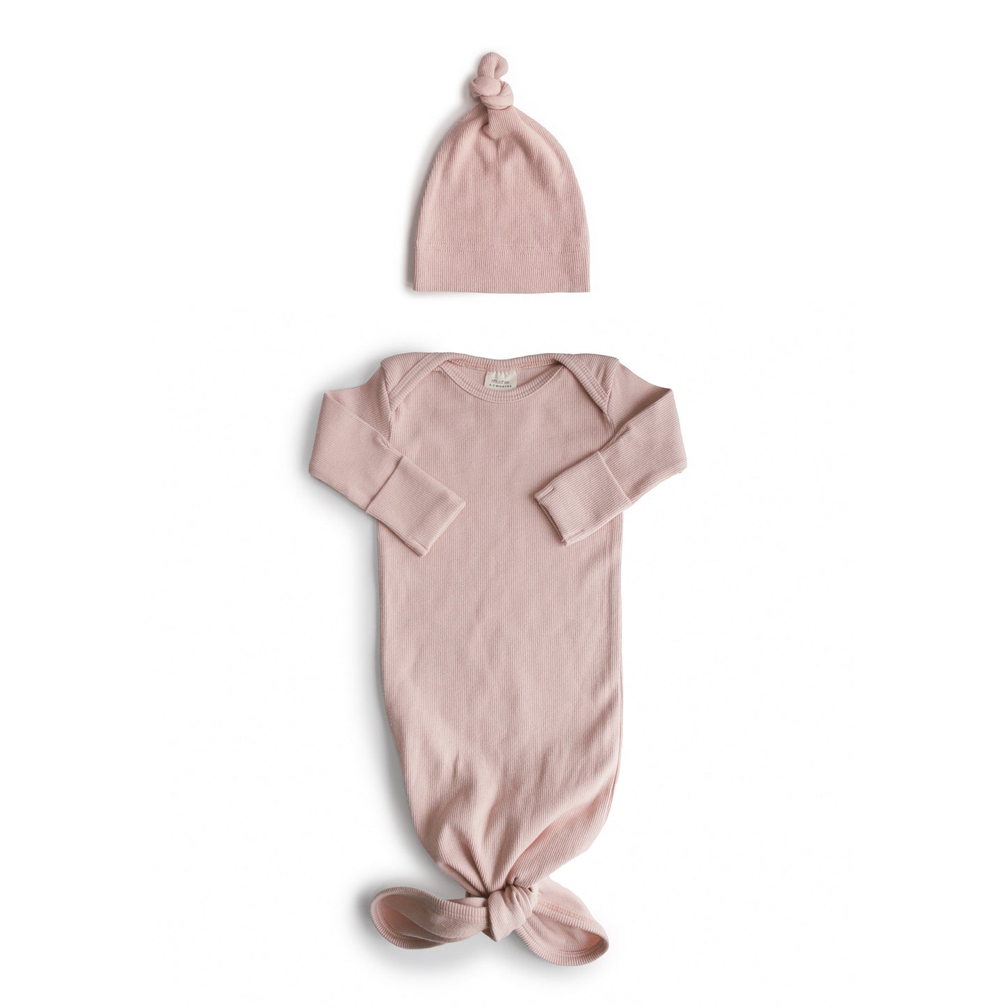 Mushie Organic Ribbed Knotted Baby Gown + Beanie Set