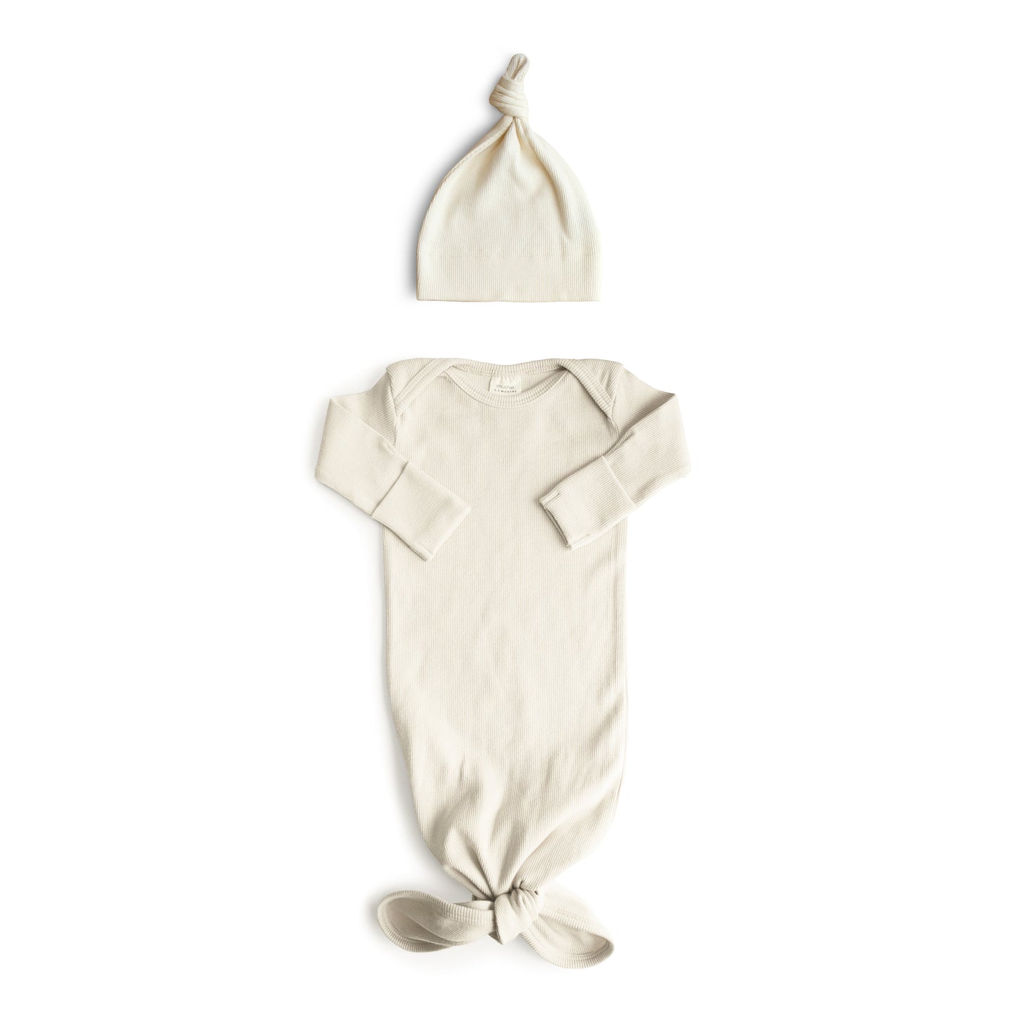 Mushie Organic Ribbed Knotted Baby Gown + Beanie Set