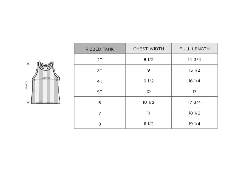 Size chart for ribbed tank tops on a white background
