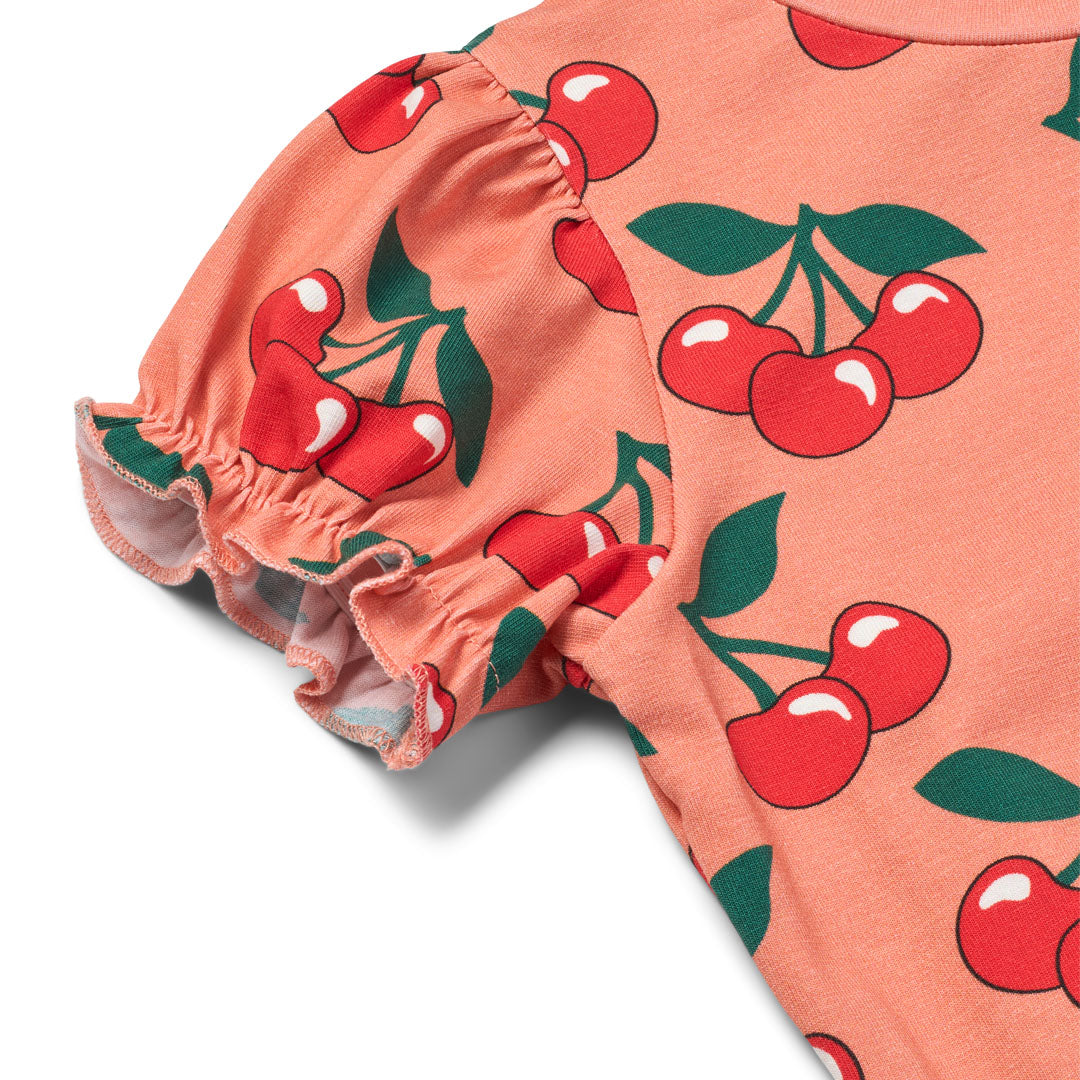 Organic Cotton Cherry Print Short Sleeve Kids Dress - Warm Blush | Småfolk