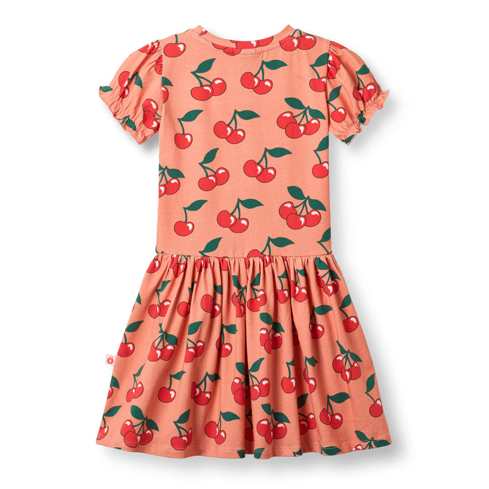 Organic Cotton Cherry Print Short Sleeve Kids Dress - Warm Blush | Småfolk