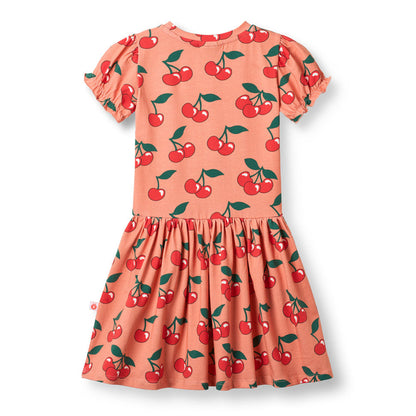 Organic Cotton Cherry Print Short Sleeve Kids Dress - Warm Blush | Småfolk