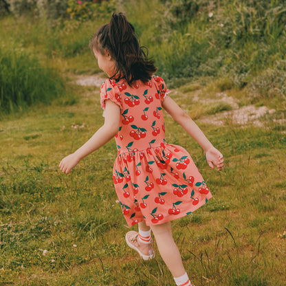 Organic Cotton Short Sleeve Dress - Cherries Print Warm Blush