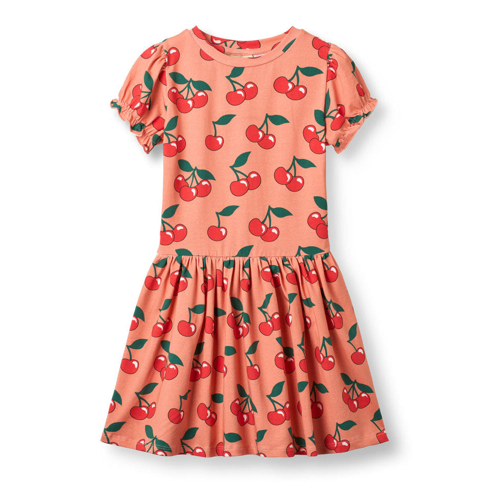 Organic Cotton Cherry Print Short Sleeve Kids Dress - Warm Blush | Småfolk