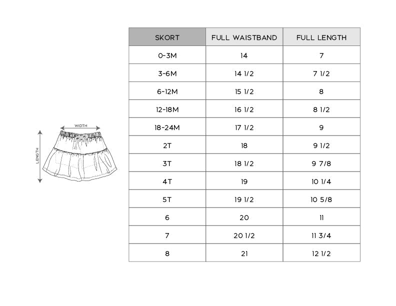 Size chart for a skort with waistband and length measurements in inches.