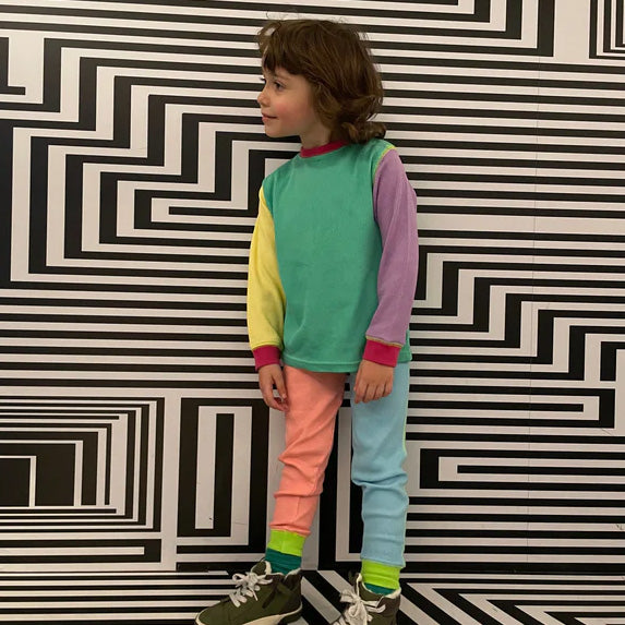 Boy wearing Slugs & Snails organic Waffle top & pants set- 90's neon