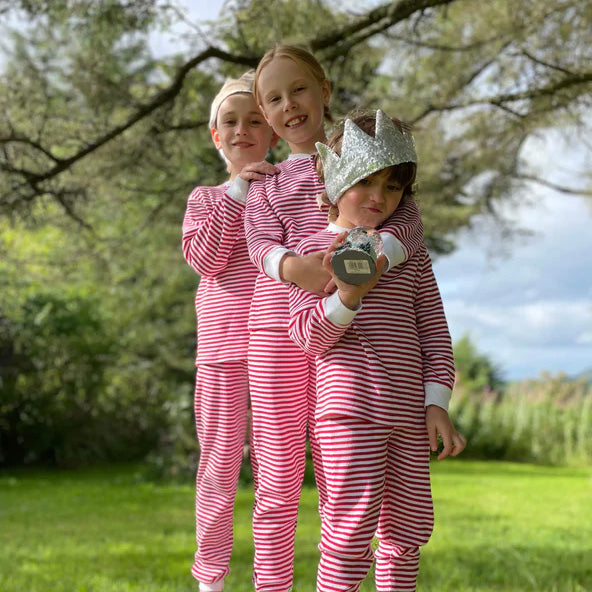 Kids wearing Slugs & Snails organic Waffle top & pants set- candy cane