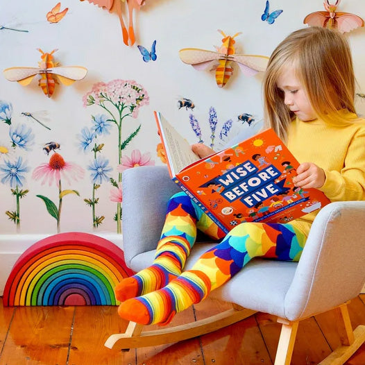 Girl wearing Slugs & Snails Organic Footless tights- rainbow scales