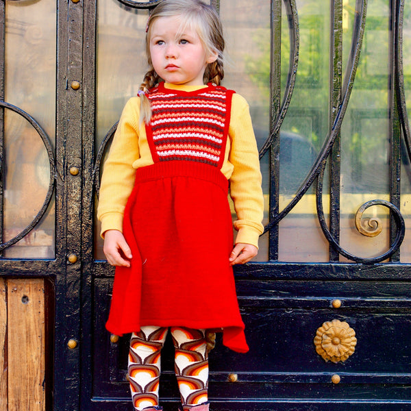 Girl wearing Slugs & Snails organic Sunrise patterned tights
