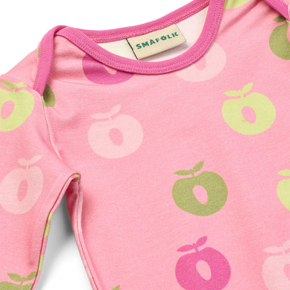 Småfolk Organic Long-Sleeved Girls' Bodysuit- Apples, Candy Pink