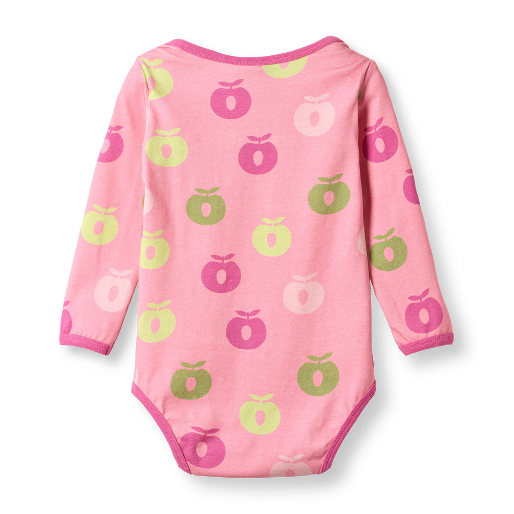 Småfolk Organic Long-Sleeved Girls' Bodysuit- Apples, Candy Pink