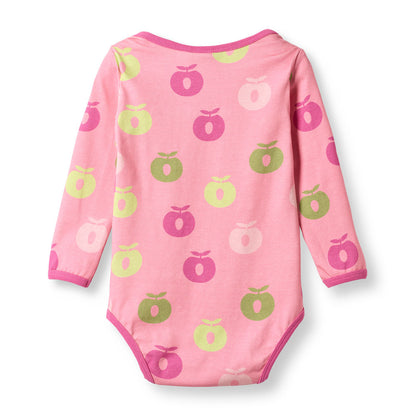 Småfolk Organic Long-Sleeved Girls' Bodysuit- Apples, Candy Pink