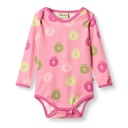 Småfolk Organic Long-Sleeved Girls' Bodysuit- Apples, Candy Pink