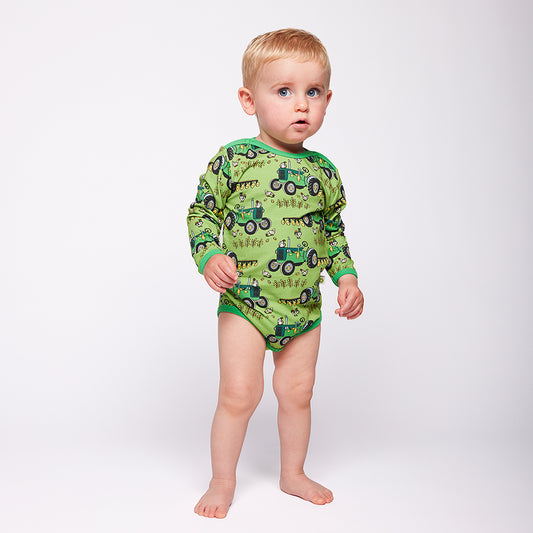 Småfolk Organic Long Sleeved Baby Bodysuit- Tractors, Fern Green