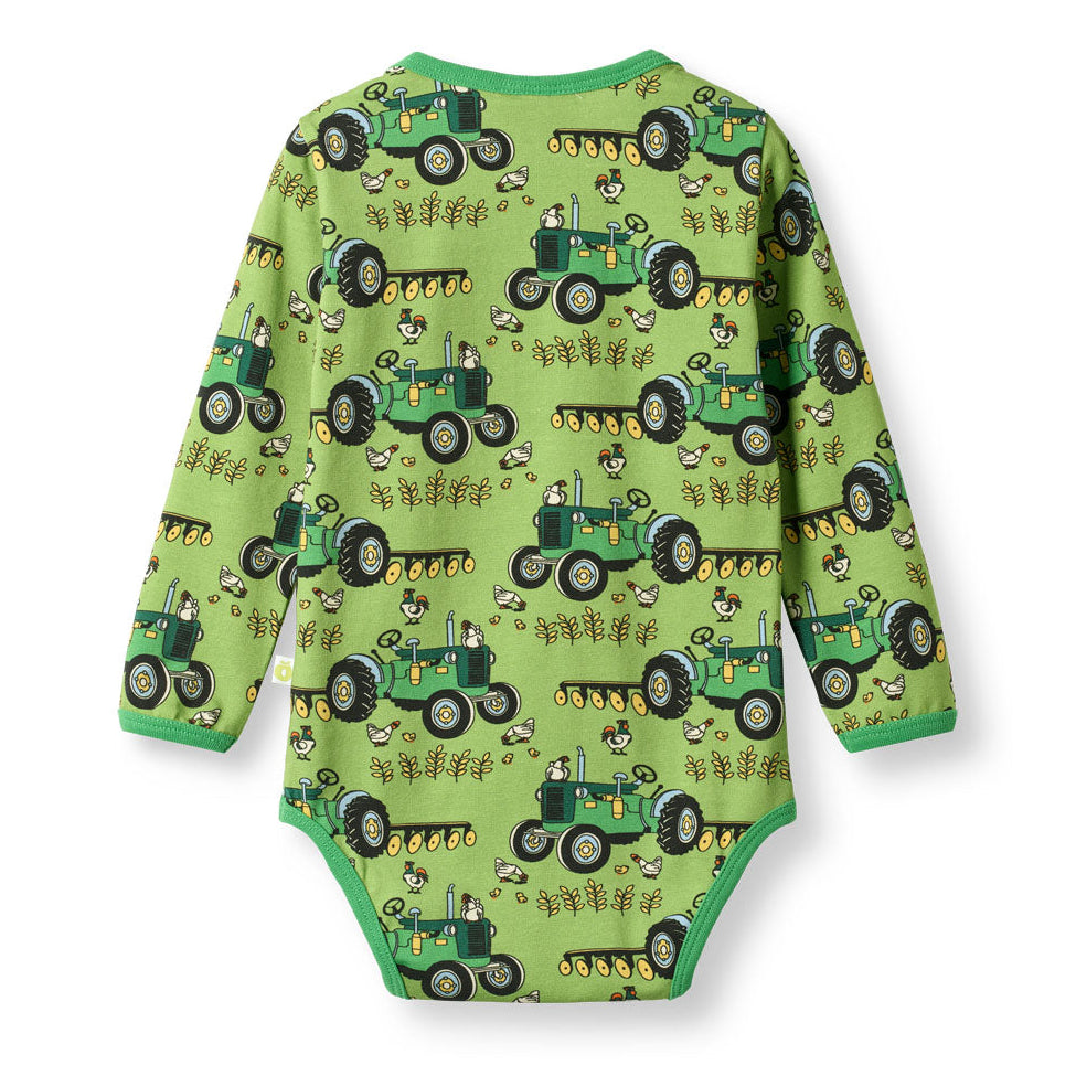 Småfolk Organic Long Sleeved Baby Bodysuit- Tractors, Fern Green