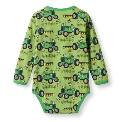 Småfolk Organic Long Sleeved Baby Bodysuit- Tractors, Fern Green