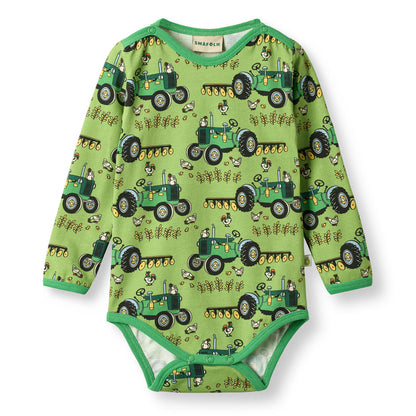 Småfolk Organic Long Sleeved Baby Bodysuit- Tractors, Fern Green