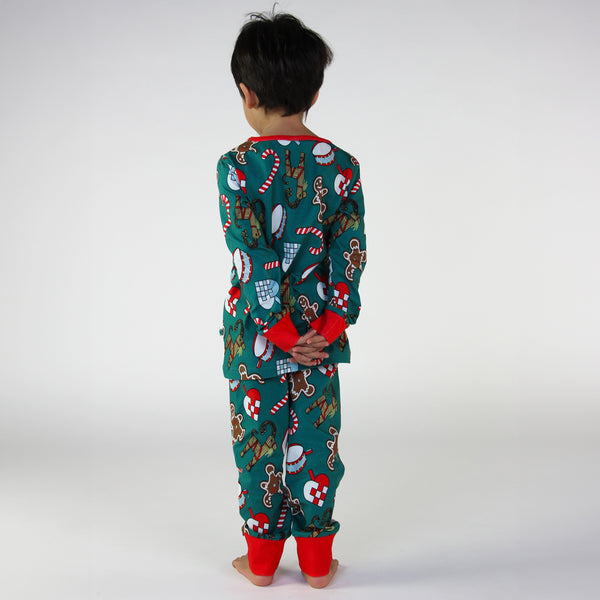 Boy wearing Smafolk organic Pajamas- Christmas, petroleum green, back