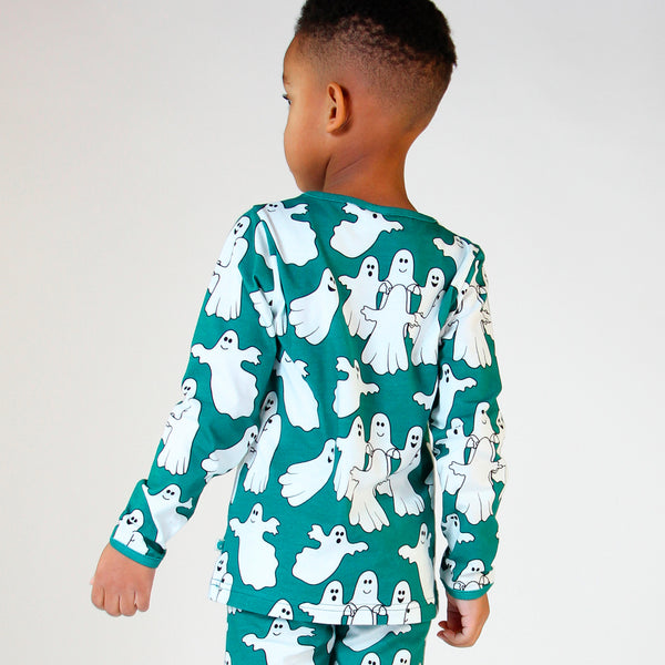 Boy wearing Smafolk organic Long sleeved t-shirt- ghosts, petroleum green