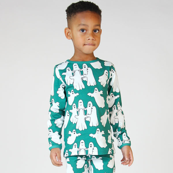 Boy wearing Smafolk organic Long sleeved t-shirt- ghosts, petroleum green