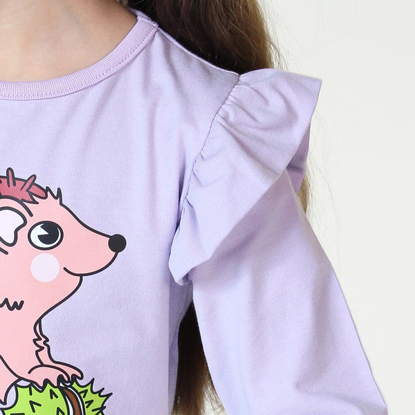 Smafolk organic Long sleeved frill t-shirt- hedgehog, orchid petal, closeup