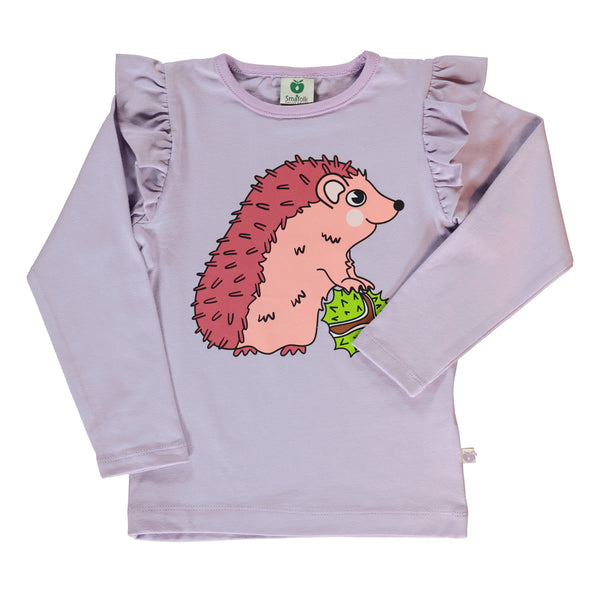 Smafolk organic Long sleeved frill t-shirt- hedgehog, orchid petal