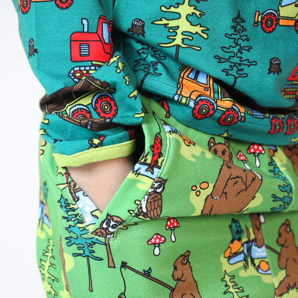 Smafolk organic Sweatpants- bears, moss green, closeup