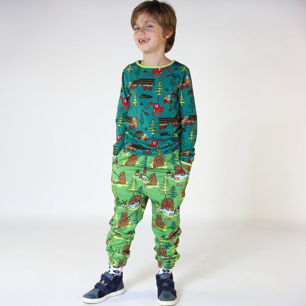 Boy wearing Smafolk organic Sweatpants- bears, moss green