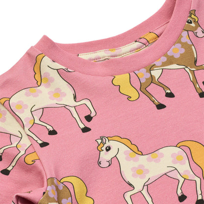 Småfolk Organic Long Sleeved Girls' T-shirt- Horses, Pink