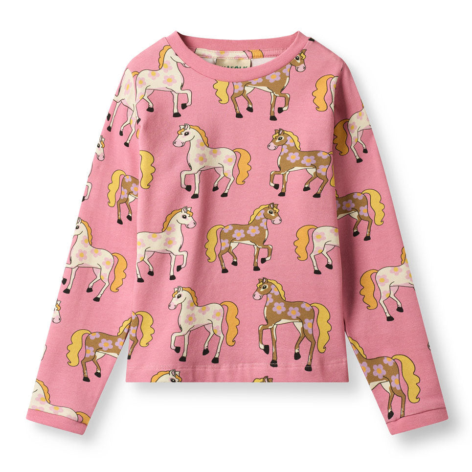 Småfolk Organic Long Sleeved Girls' T-shirt- Horses, Pink