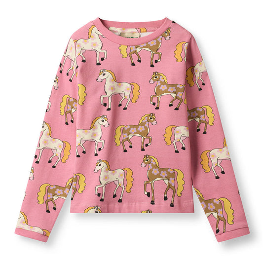 Småfolk Organic Long Sleeved Girls' T-shirt- Horses, Pink