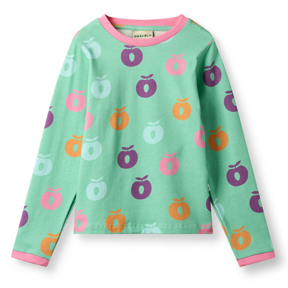 Småfolk Organic Long Sleeved Girls' T-shirt- Apples, Mint Green