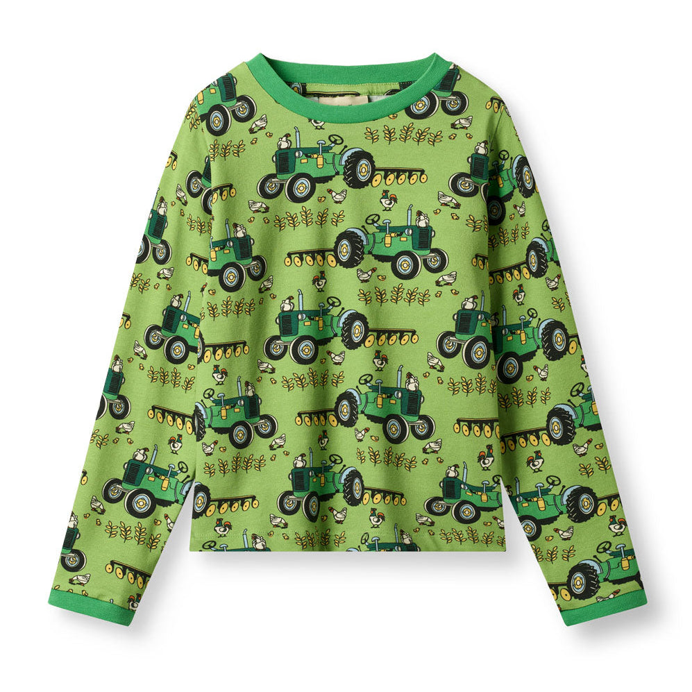 Småfolk Organic Long Sleeved Boys' T-shirt- Tractors, Fern Green