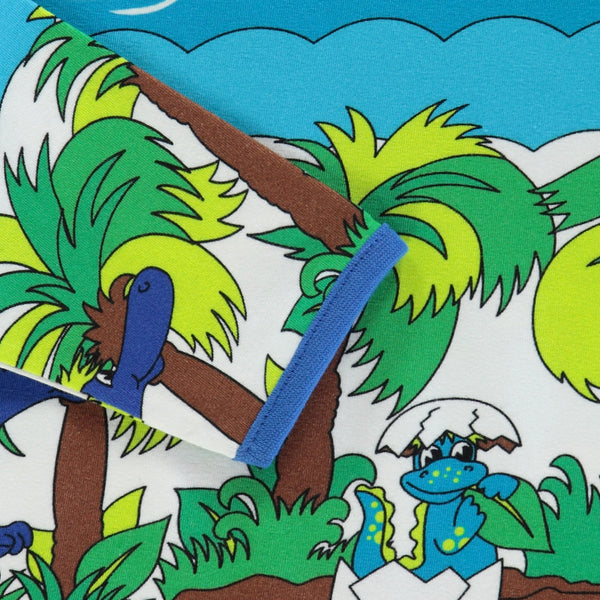 Smafolk organic Dinosaurs long sleeve bodysuit, blue atoll, closeup