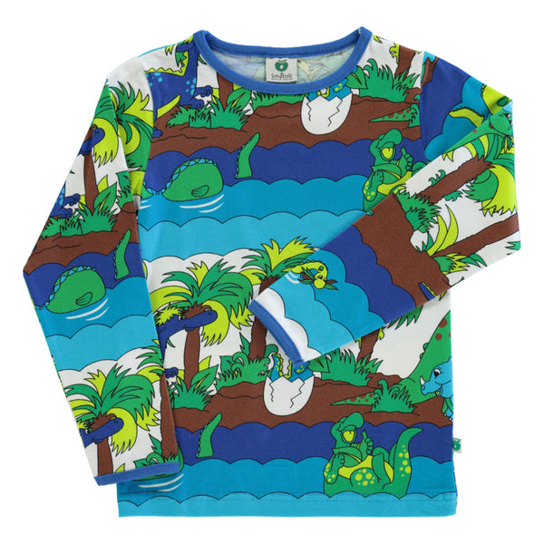 Smafolk organic Dinosaurs t-shirt, blue atoll