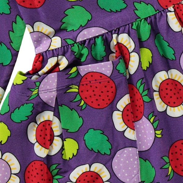 Smafolk organic Strawberries dress, purple heart, closeup