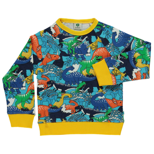 Smafolk organic Dinosaur sweatshirt, blue atoll